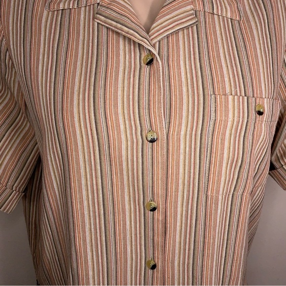 Vintage Large Blair Orange Striped Button Up Top Cuffed Short Sleeve Stretch - Picture 6 of 16